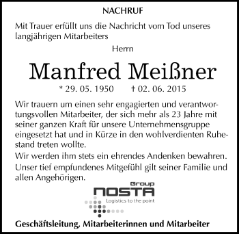 Traueranzeige von Manfred Meißner von Mitteldeutsche Zeitung Mansfelder Land