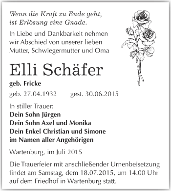 Traueranzeige von Elli Schäfer von WVG - Wochenspiegel Wittenberg