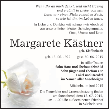 Traueranzeige von Margarete Kästner von WVG - Wochenspiegel Merseburg