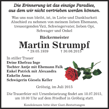 Traueranzeige von Martin Strumpf von WVG - Wochenspiegel Dessau / Köthen