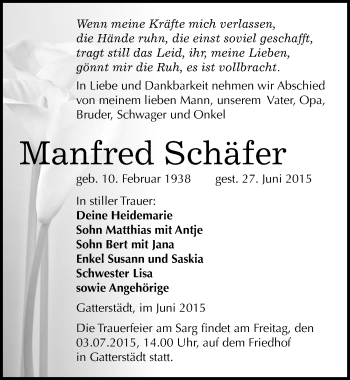 Traueranzeige von Manfred Schäfer von Mitteldeutsche Zeitung Merseburg/Querfurt