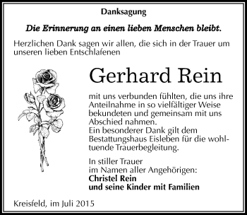 Traueranzeige von Gerhard Rein von Mitteldeutsche Zeitung Mansfelder Land