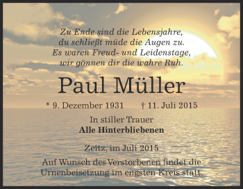 Traueranzeige von Paul Müller von Super Sonntag Zeitz