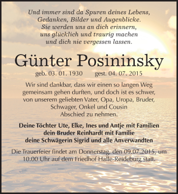 Traueranzeige von Günter Posininsky von Mitteldeutsche Zeitung Halle/Saalkreis