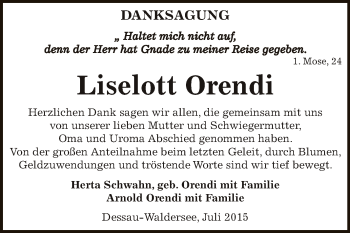 Traueranzeige von Liselott Orendi von WVG - Wochenspiegel Dessau / Köthen