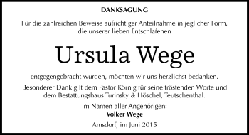 Traueranzeige von Ursula Wege von Mitteldeutsche Zeitung Mansfelder Land