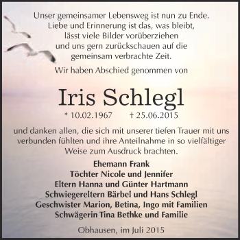 Traueranzeige von Iris Schlegl von WVG - Wochenspiegel Merseburg