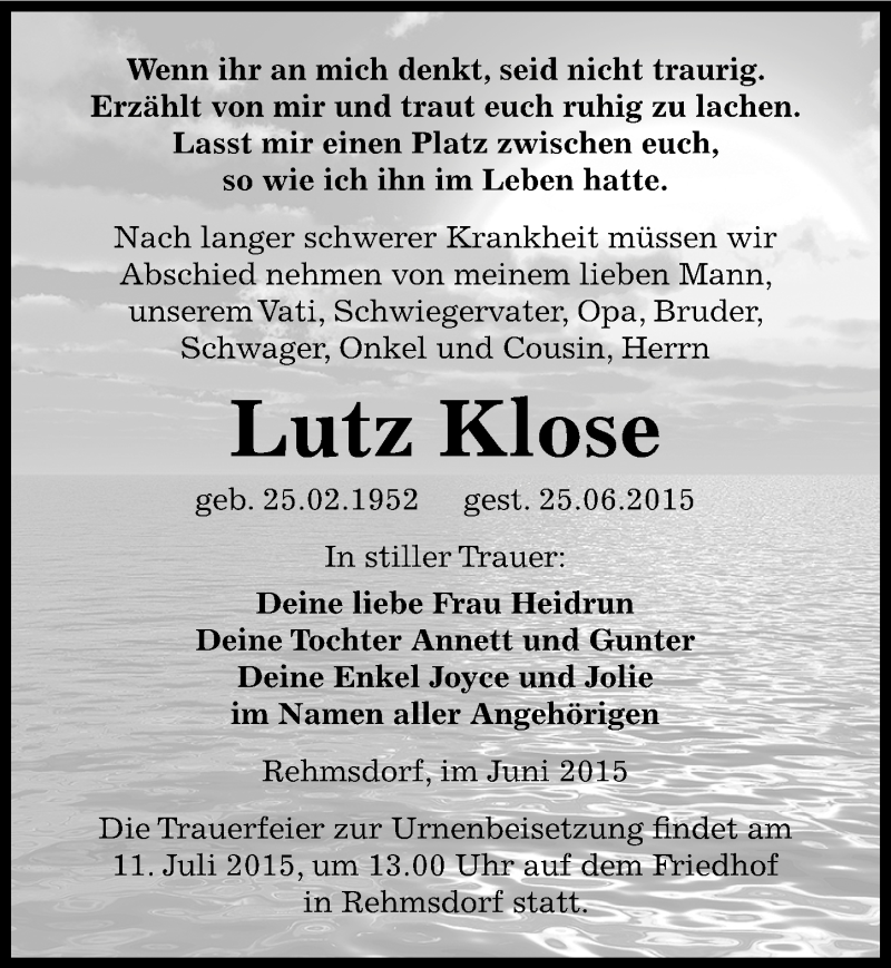  Traueranzeige für Lutz Klose vom 04.07.2015 aus Mitteldeutsche Zeitung Zeitz
