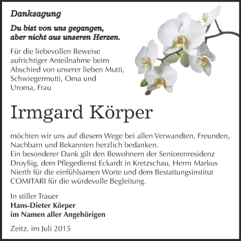Traueranzeige von Irmgard Körper von Super Sonntag Zeitz