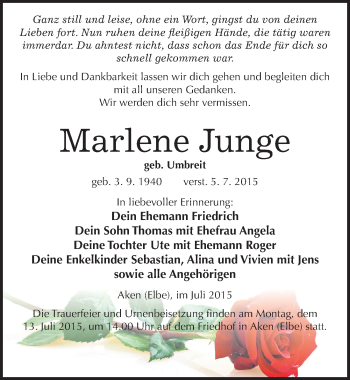 Traueranzeige von Marlene Junge von Mitteldeutsche Zeitung Köthen
