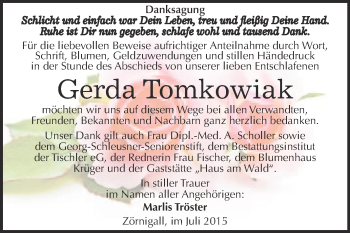 Traueranzeige von Gerda Tomkowiak von Super Sonntag Wittenberg