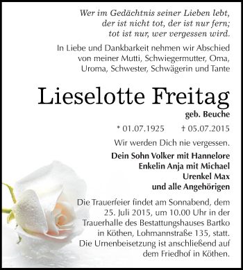 Traueranzeige von Lieselotte Freitag von WVG - Wochenspiegel Dessau / Köthen