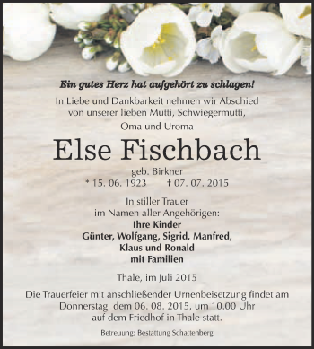 Traueranzeige von Else Fischbach von Super Sonntag Quedlinburg