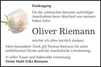 Traueranzeige von Oliver Riemann von WVG - Wochenspiegel NMB / WSF / ZTZ