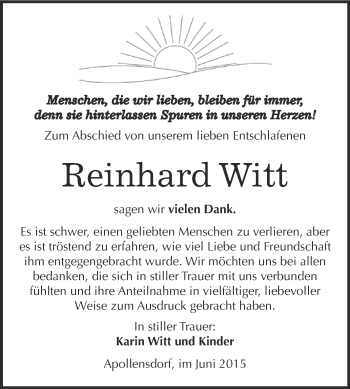 Traueranzeige von Reinhard Witt von WVG - Wochenspiegel Wittenberg