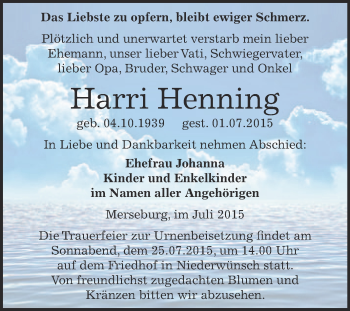 Traueranzeige von Harri Henning von WVG - Wochenspiegel Merseburg