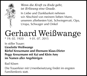 Traueranzeige von Gerhard Weißwange von Mitteldeutsche Zeitung Naumburg/Nebra