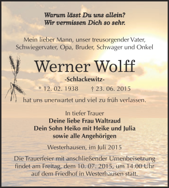 Traueranzeige von Werner Wolff von WVG - Wochenspiegel Quedlinburg