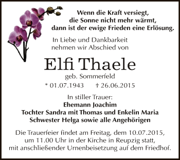 Traueranzeige von Elfi Thaele von WVG - Wochenspiegel Dessau / Köthen