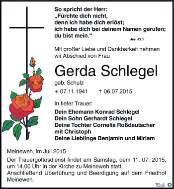 Traueranzeige von Gerda Schlegel von Mitteldeutsche Zeitung Zeitz