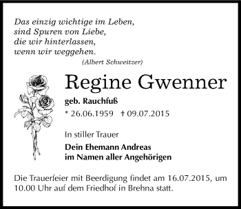 Traueranzeige von Regine Gwenner von Mitteldeutsche Zeitung Bitterfeld