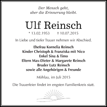 Traueranzeige von Ulf Reinsch von Super Sonntag Zeitz