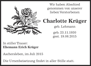 Traueranzeige von Charlotte Krüger von Super Sonntag Aschersleben
