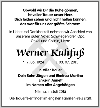 Traueranzeige von Werner Kuhfuß von Mitteldeutsche Zeitung Zeitz