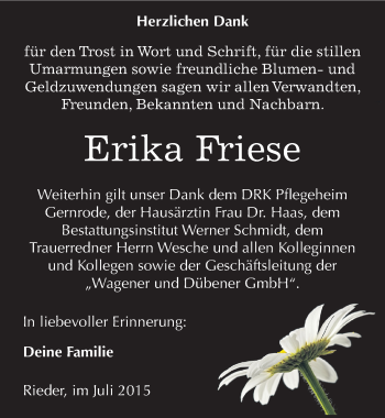 Traueranzeige von Erika Friese von Mitteldeutsche Zeitung Quedlinburg