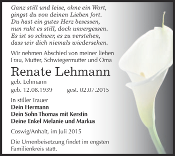 Traueranzeige von Renate Lehmann von Super Sonntag Wittenberg