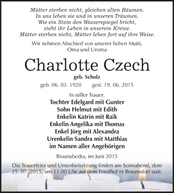Traueranzeige von Charlotte Czech von WVG - Wochenspiegel Merseburg