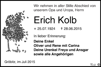 Traueranzeige von Erich Kolb von WVG - Wochenspiegel NMB / WSF / ZTZ