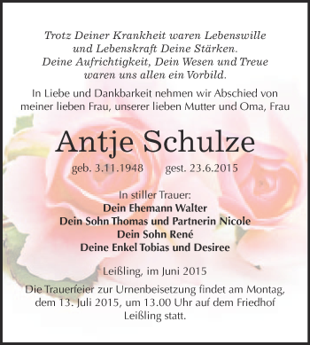 Traueranzeige von Antje Schulze von Super Sonntag Merseburg