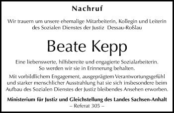 Traueranzeige von Beate Kepp von Mitteldeutsche Zeitung Dessau-Roßlau