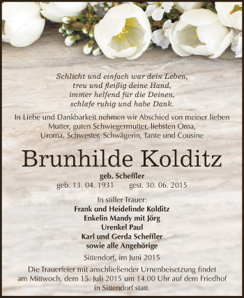 Traueranzeige von Brunhilde Kolditz von Super Sonntag SGH Mansf. Land