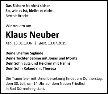 Traueranzeige von Klaus Neuber von Mitteldeutsche Zeitung Merseburg/Querfurt
