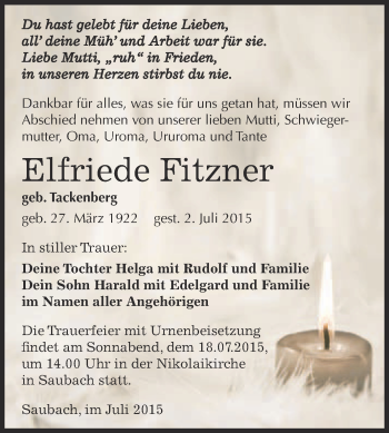 Traueranzeige von Elfriede Fitzner von WVG - Wochenspiegel NMB / WSF / ZTZ