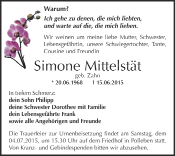 Traueranzeige von Simone Mittelstät von Wochenspiegel Mansfelder Land