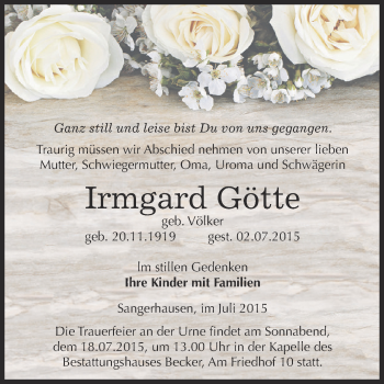 Traueranzeige von Irmgard Götte von Super Sonntag SGH Mansf. Land