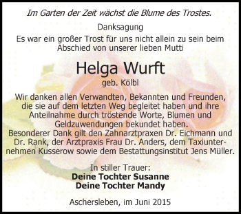Traueranzeige von Helga Wurft von Super Sonntag Aschersleben
