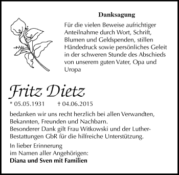 Traueranzeige von Fritz Dietz von Mitteldeutsche Zeitung Halle/Saalkreis