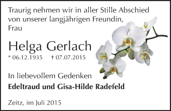 Traueranzeige von Helga Gerlach von Mitteldeutsche Zeitung Zeitz