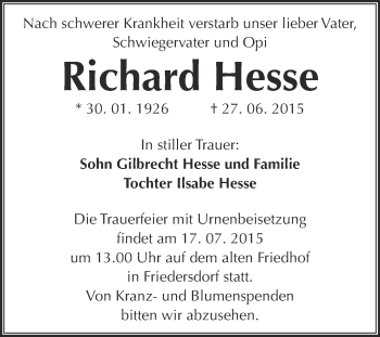 Traueranzeige von Richard Hesse von WVG - Wochenspiegel Bitterfeld