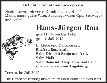 Traueranzeige von Hans-Jürgen Rau von WVG - Wochenspiegel Dessau / Köthen
