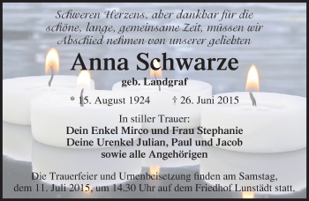 Traueranzeige von Anna Schwarze von Mitteldeutsche Zeitung Merseburg/Querfurt