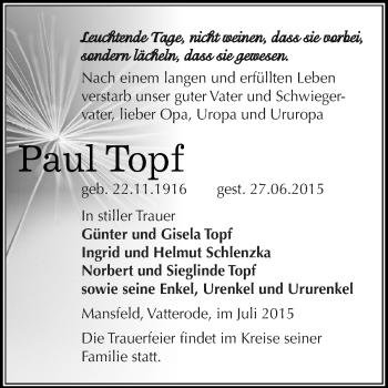 Traueranzeige von Paul Topf von Super Sonntag SGH Mansf. Land