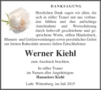 Traueranzeige von Werner Kiehl von WVG - Wochenspiegel Wittenberg
