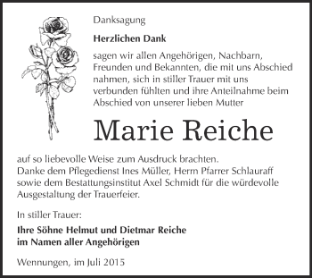 Traueranzeige von Marie Reiche von WVG - Wochenspiegel NMB / WSF / ZTZ