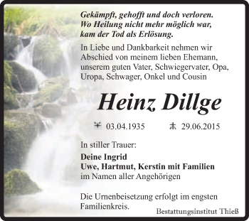 Traueranzeige von Heinz	 Dillge von Super Sonntag Quedlinburg