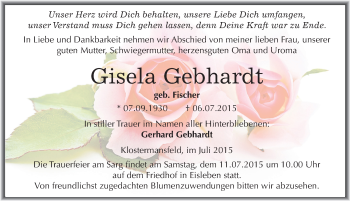 Traueranzeige von Gisela Gebhardt von Mitteldeutsche Zeitung Mansfelder Land
